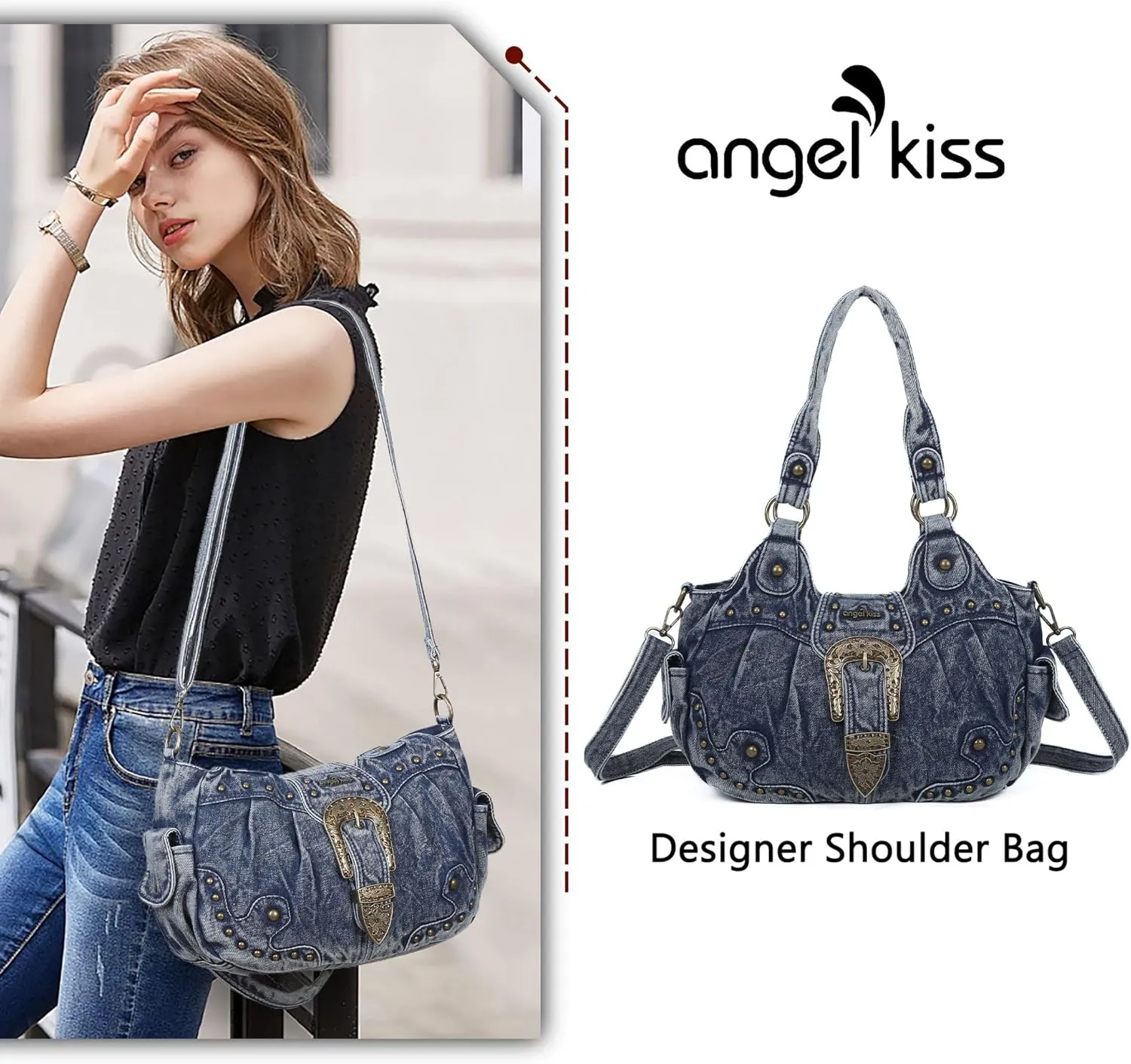Angel Kiss Hobo Bags for Women Vegan Leather Purses and Handbags Ladies Chic Shoulder Bags Crossbody Purses with Metal Studs