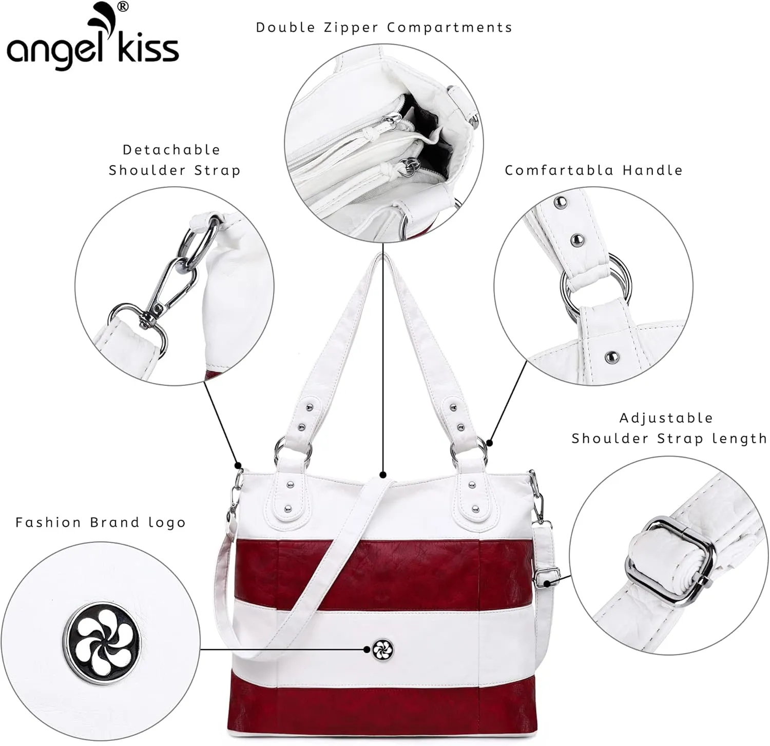 Angel Kiss Hobo Shoulder Purses for Women Large Soft Washed PU Leather Stripe Crossbody Handbags