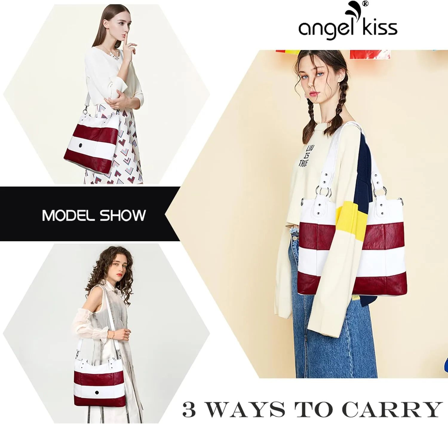 Angel Kiss Hobo Shoulder Purses for Women Large Soft Washed PU Leather Stripe Crossbody Handbags