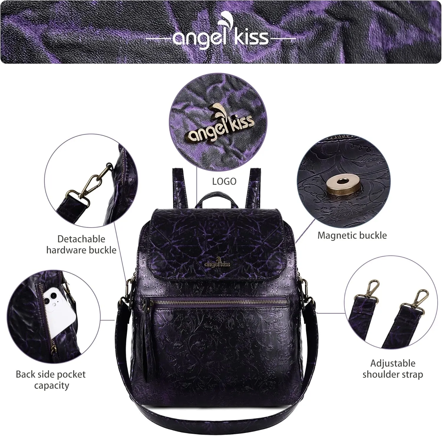 Angel Kiss Women's Leather Waterproof Daypack Travel Backpack Shoulder Bags Daypack Convertible Multifunctional Backpacks Handbag