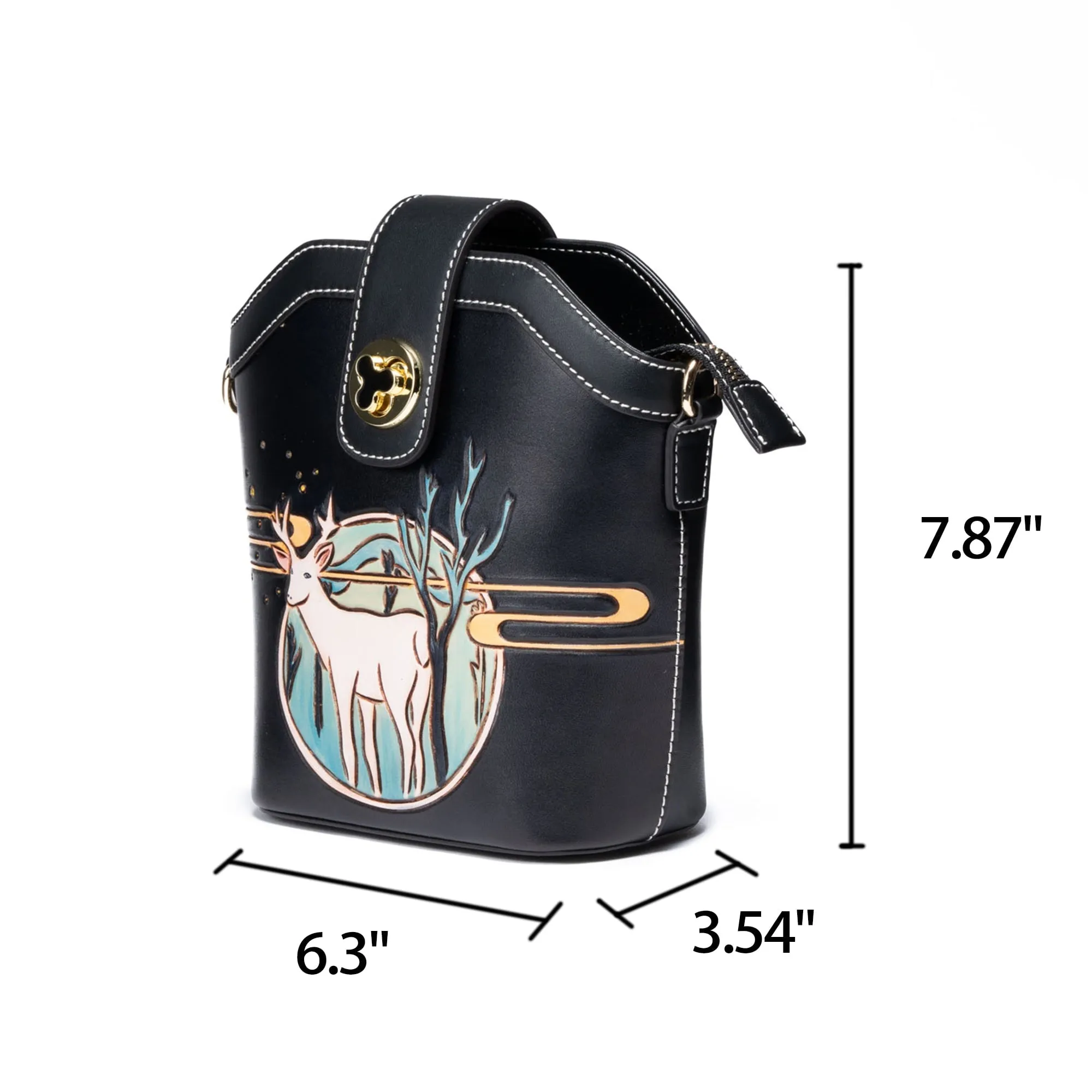 Artistically Hand-carved Vegetable-tanned Leather Bucket Bag Featuring Adorable Deer Motifs
