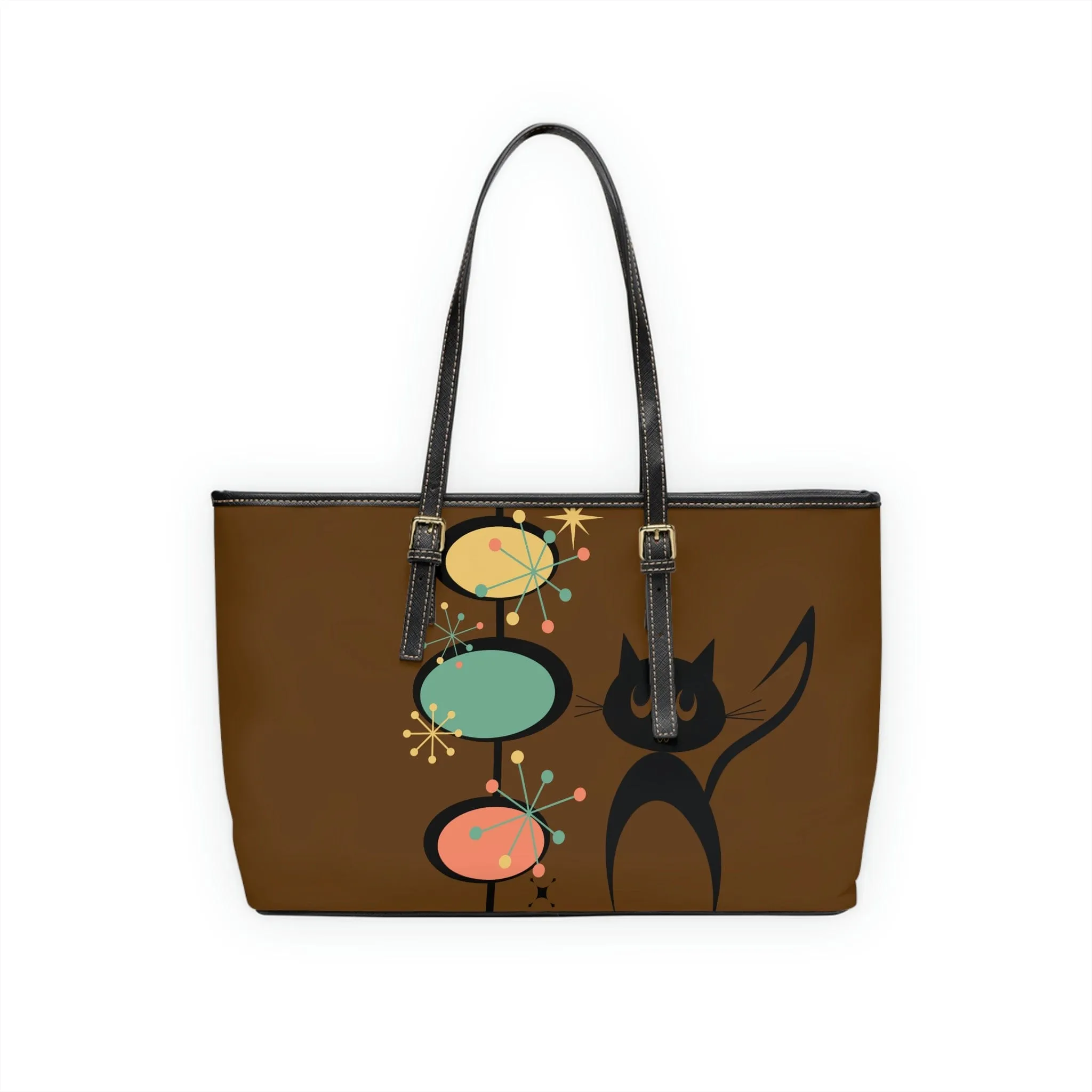 Atomic Cat, Chocolate Brown, Mid Century Modern Starburst Retro Leather Shoulder Bag
