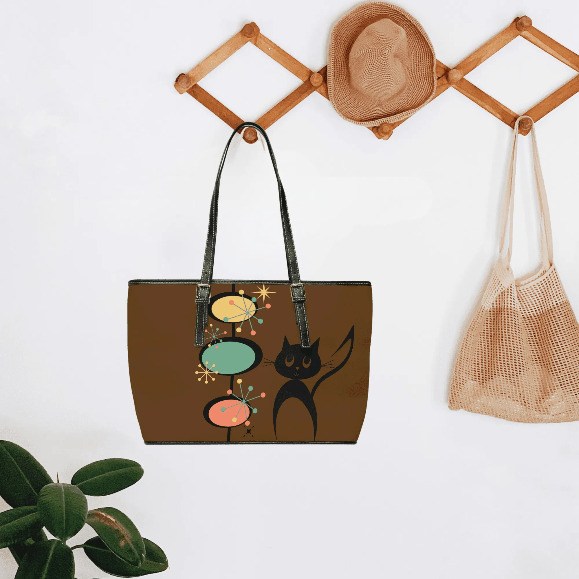 Atomic Cat, Chocolate Brown, Mid Century Modern Starburst Retro Leather Shoulder Bag