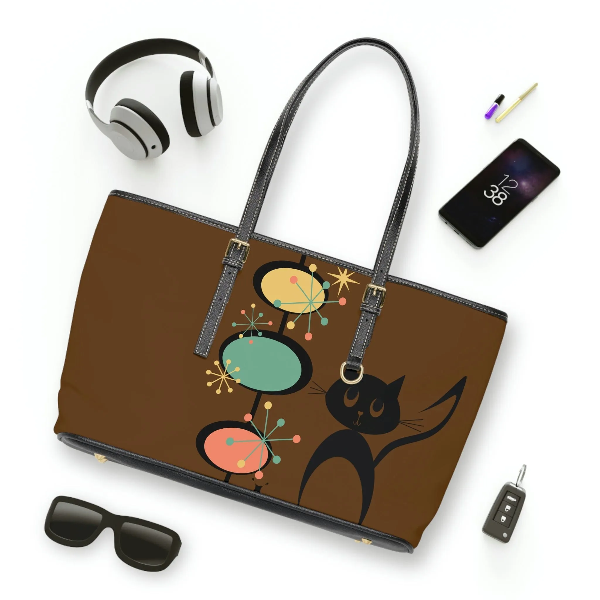 Atomic Cat, Chocolate Brown, Mid Century Modern Starburst Retro Leather Shoulder Bag