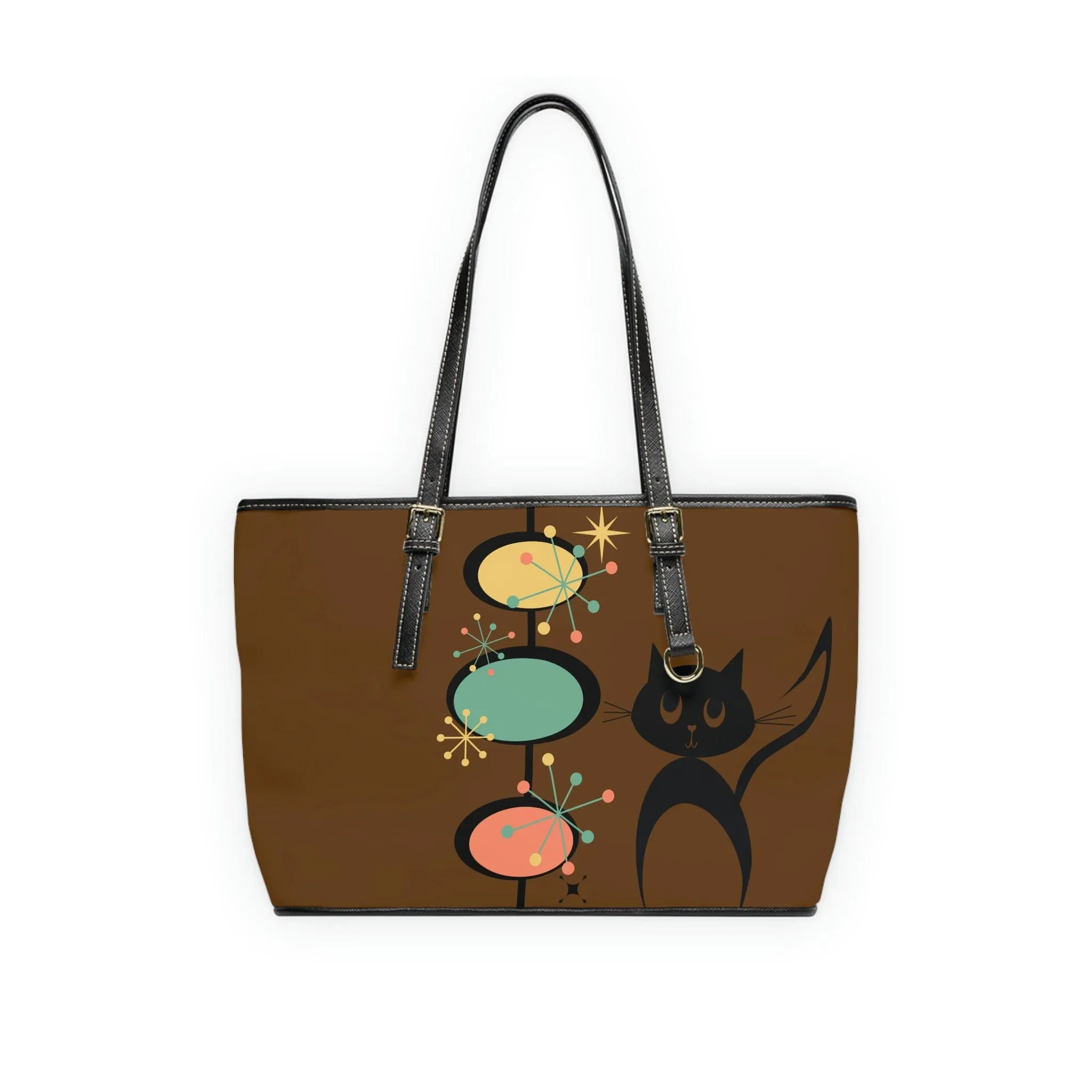 Atomic Cat, Chocolate Brown, Mid Century Modern Starburst Retro Leather Shoulder Bag