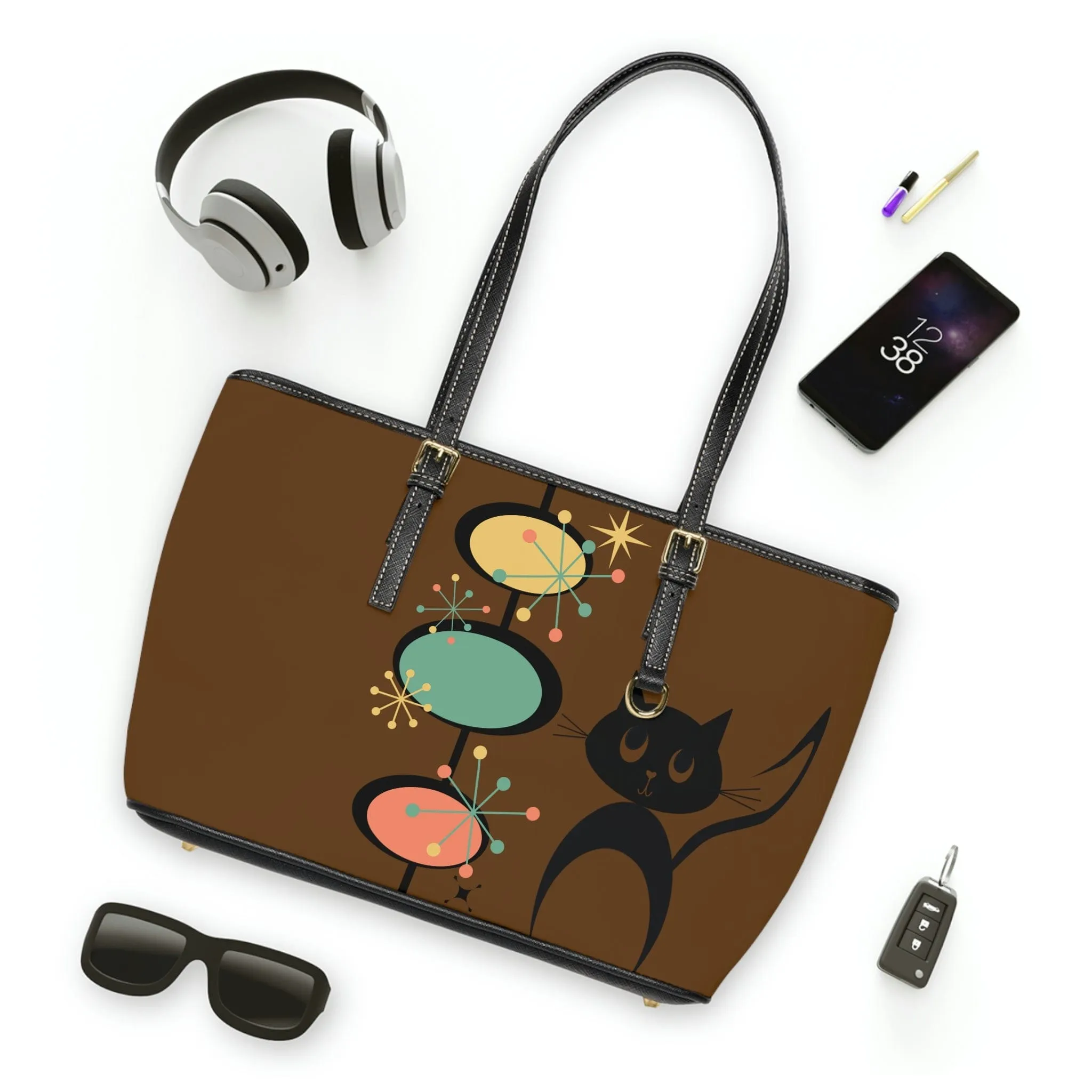 Atomic Cat, Chocolate Brown, Mid Century Modern Starburst Retro Leather Shoulder Bag