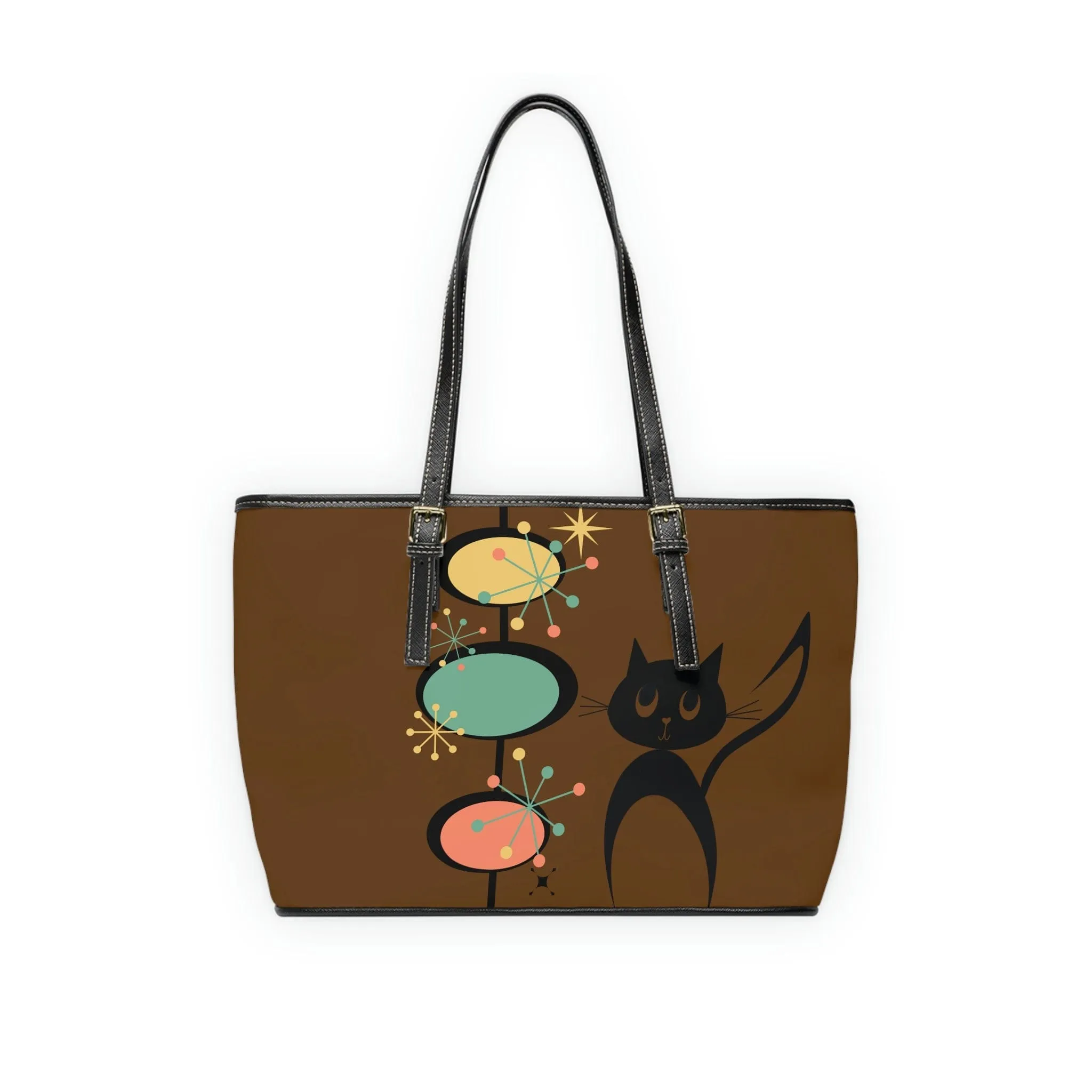 Atomic Cat, Chocolate Brown, Mid Century Modern Starburst Retro Leather Shoulder Bag
