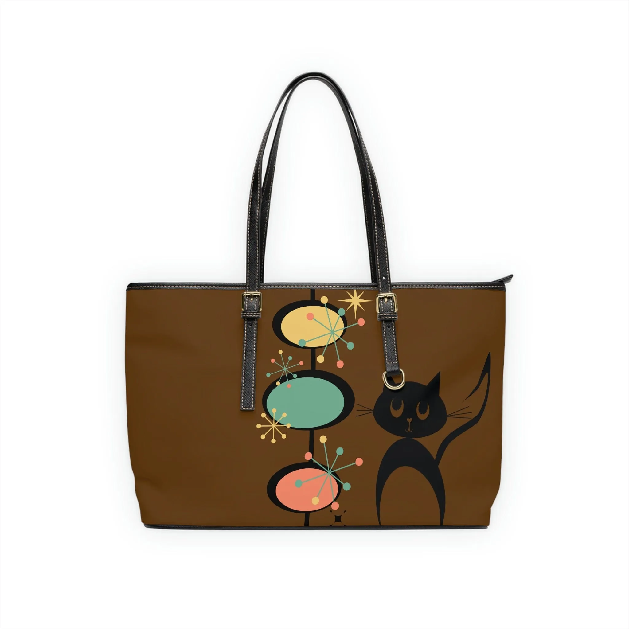 Atomic Cat, Chocolate Brown, Mid Century Modern Starburst Retro Leather Shoulder Bag