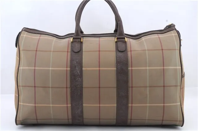 Auth Burberrys Vintage Check Canvas Travel Boston Bag Khaki Green Brown 0397D
