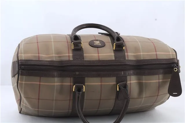 Auth Burberrys Vintage Check Canvas Travel Boston Bag Khaki Green Brown 0397D