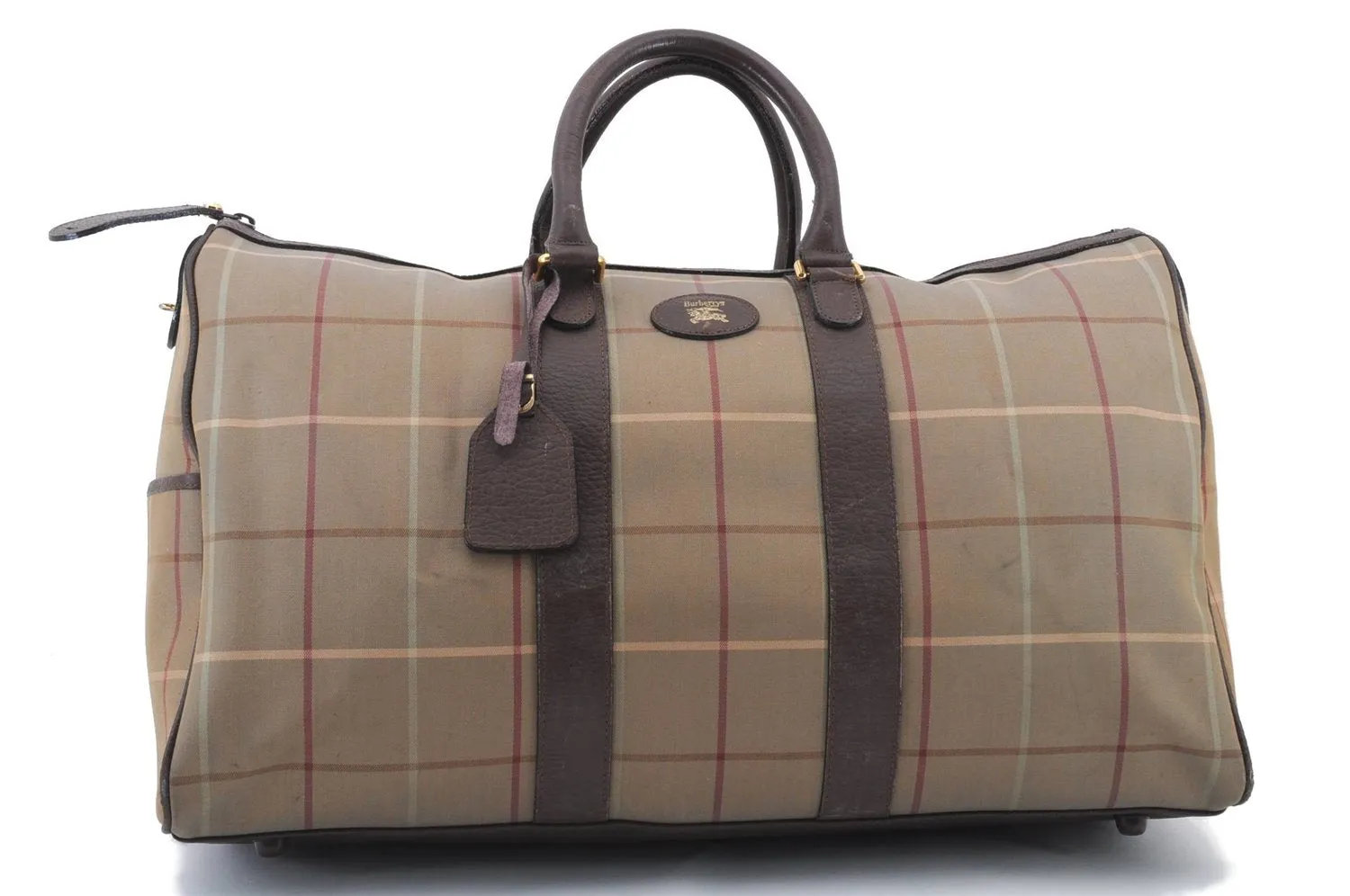 Auth Burberrys Vintage Check Canvas Travel Boston Bag Khaki Green Brown 0397D