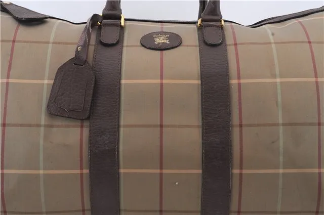 Auth Burberrys Vintage Check Canvas Travel Boston Bag Khaki Green Brown 0397D