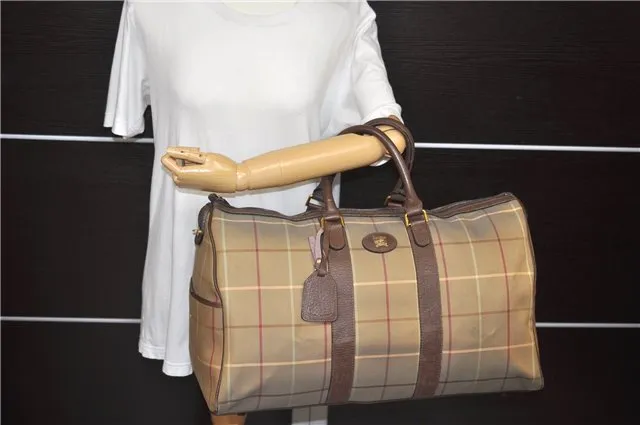 Auth Burberrys Vintage Check Canvas Travel Boston Bag Khaki Green Brown 0397D