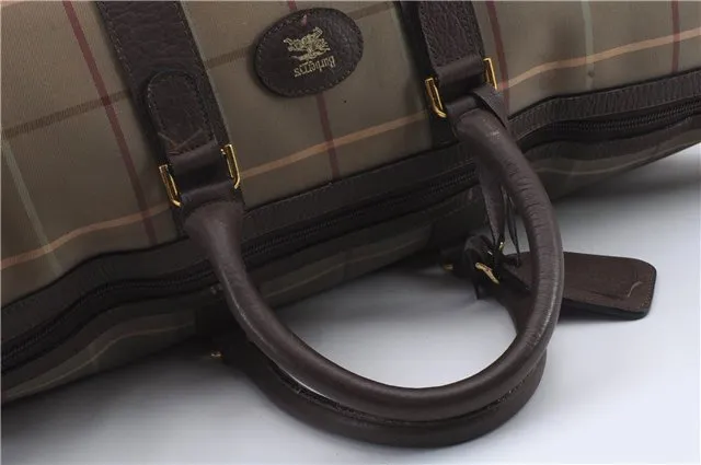 Auth Burberrys Vintage Check Canvas Travel Boston Bag Khaki Green Brown 0397D