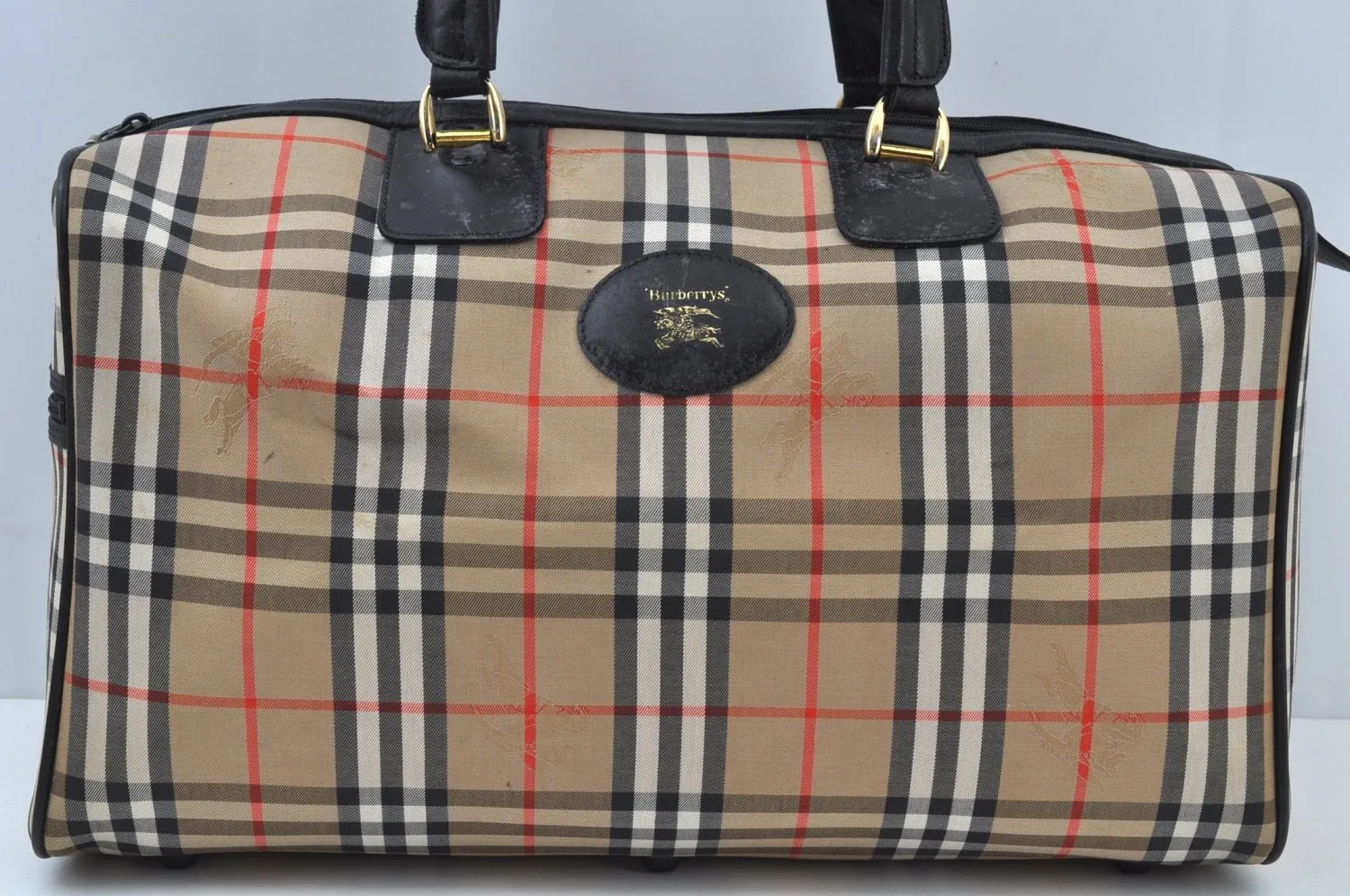 Auth Burberrys Vintage Nova Check Canvas Travel Boston Bag Brown Beige K9547