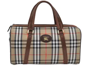 Authentic Burberrys Nova Check Canvas Hand Boston Bag Brown Beige L0211