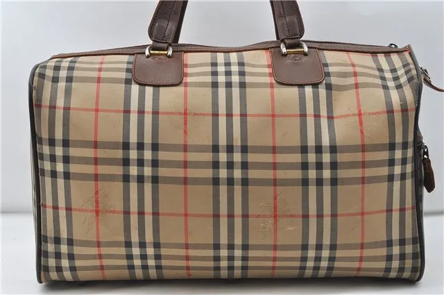 Authentic Burberrys Vintage Check Canvas Travel Boston Bag Brown Beige 4523D