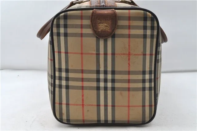 Authentic Burberrys Vintage Check Canvas Travel Boston Bag Brown Beige 4523D