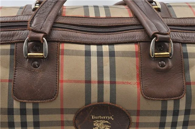 Authentic Burberrys Vintage Check Canvas Travel Boston Bag Brown Beige 4523D
