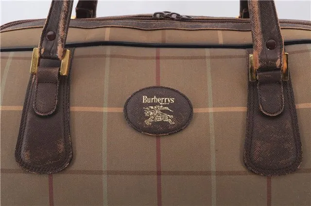 Authentic Burberrys Vintage Check Canvas Travel Boston Bag Green 0356D