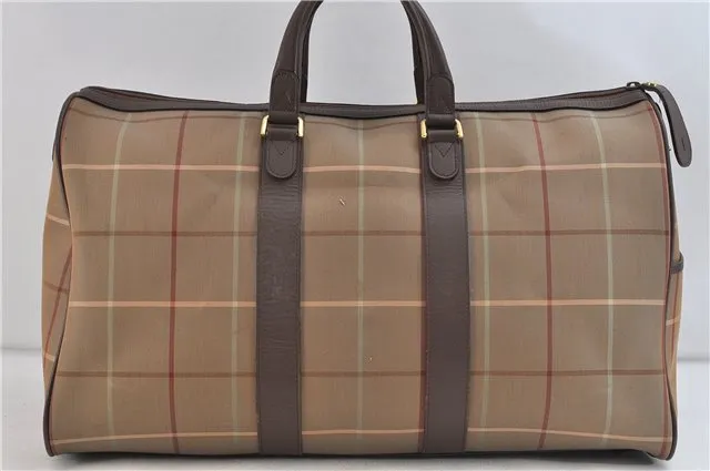 Authentic Burberrys Vintage Check Canvas Travel Boston Bag Khaki Brown 0283D