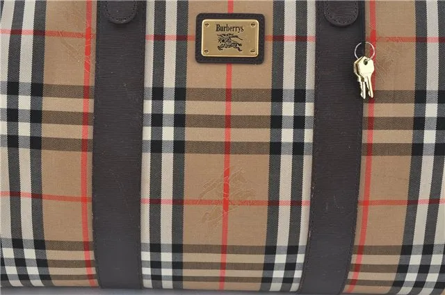 Authentic Burberrys Vintage Nova Check Canvas Travel Boston Bag Brown Beige 5264F