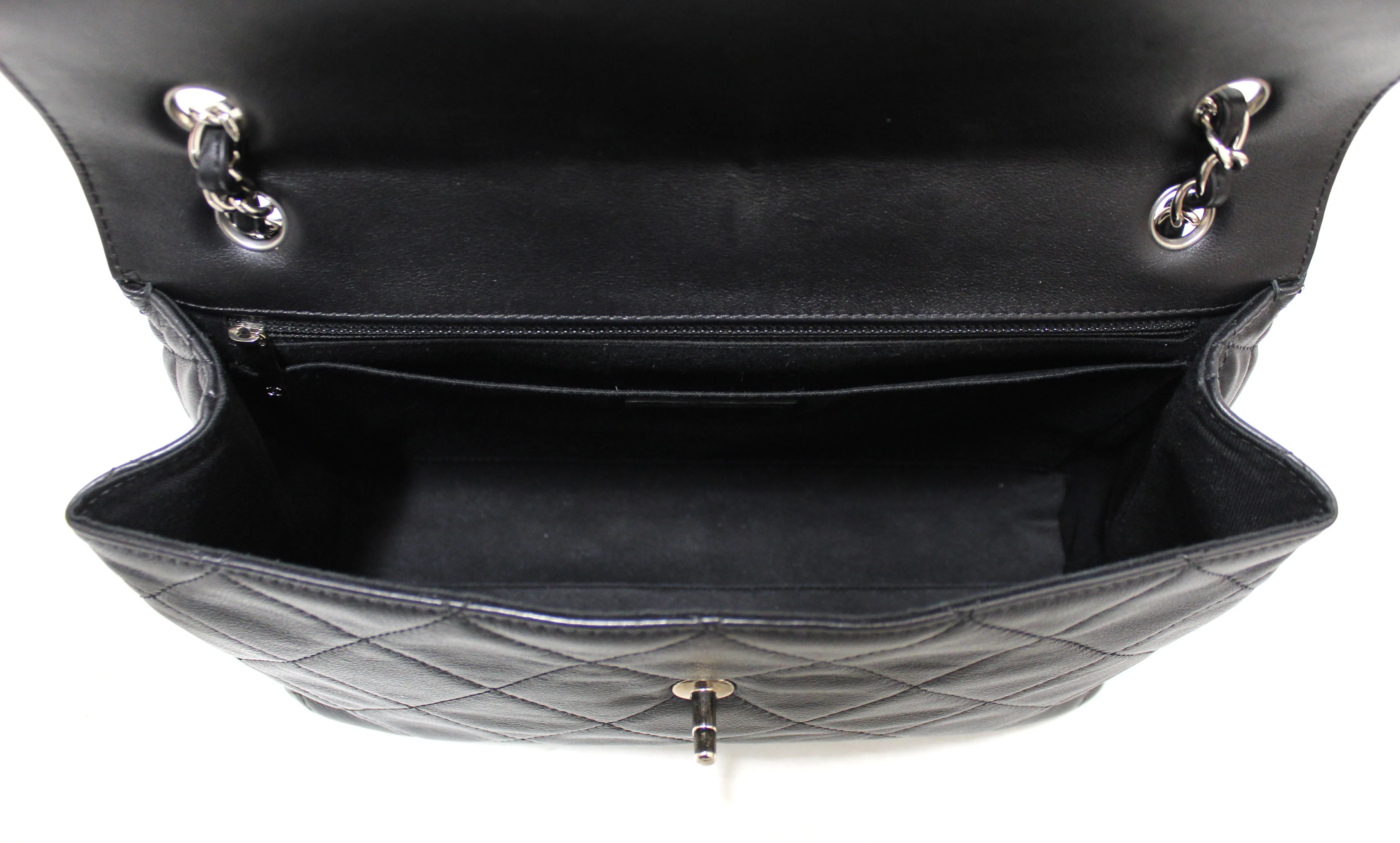 Authentic Chanel Classic Black Single Flap Calfskin leather "In the Business" Maxi Shoulder Chain Bag