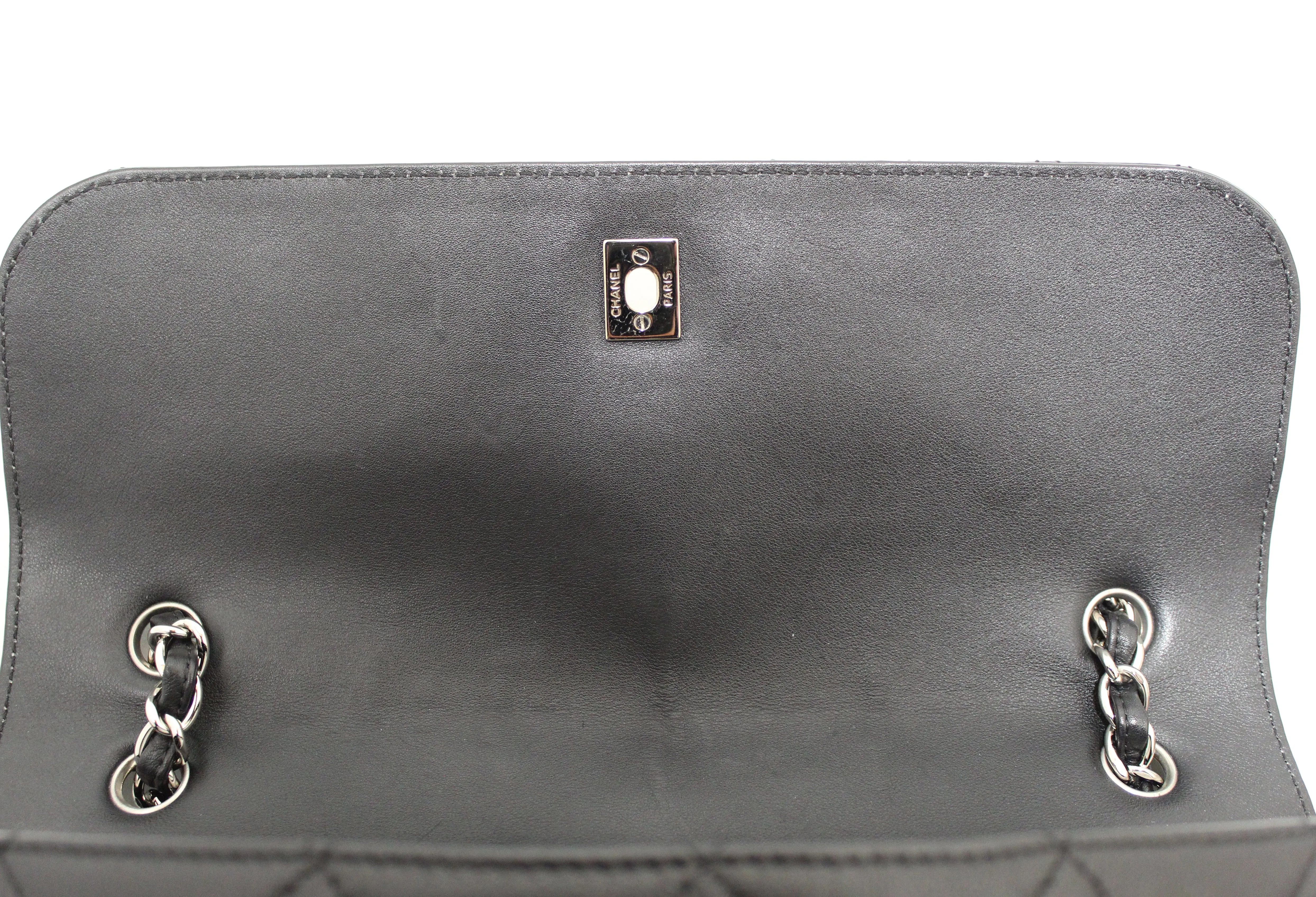 Authentic Chanel Classic Black Single Flap Calfskin leather "In the Business" Maxi Shoulder Chain Bag