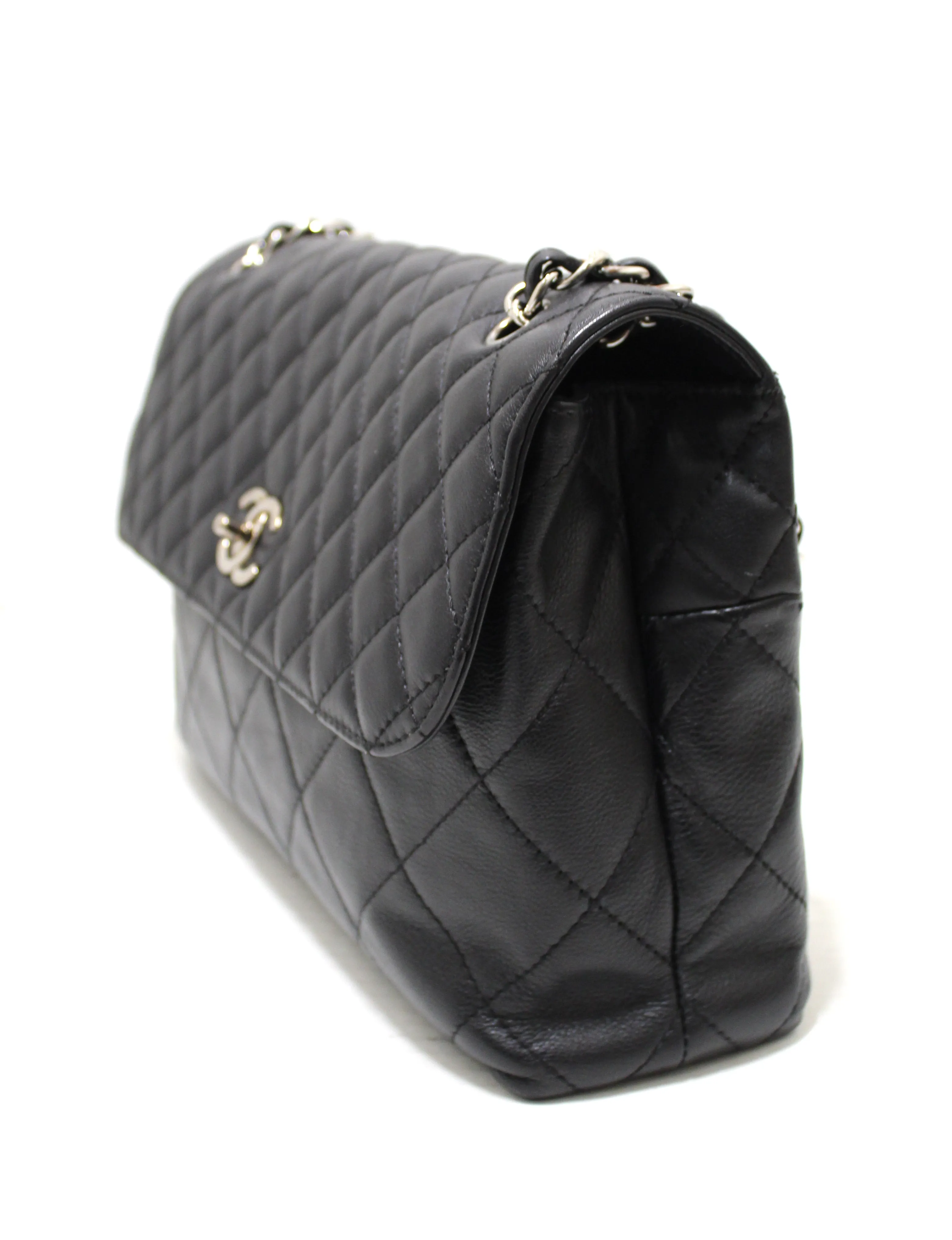 Authentic Chanel Classic Black Single Flap Calfskin leather "In the Business" Maxi Shoulder Chain Bag