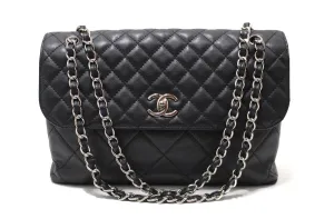Authentic Chanel Classic Black Single Flap Calfskin leather "In the Business" Maxi Shoulder Chain Bag