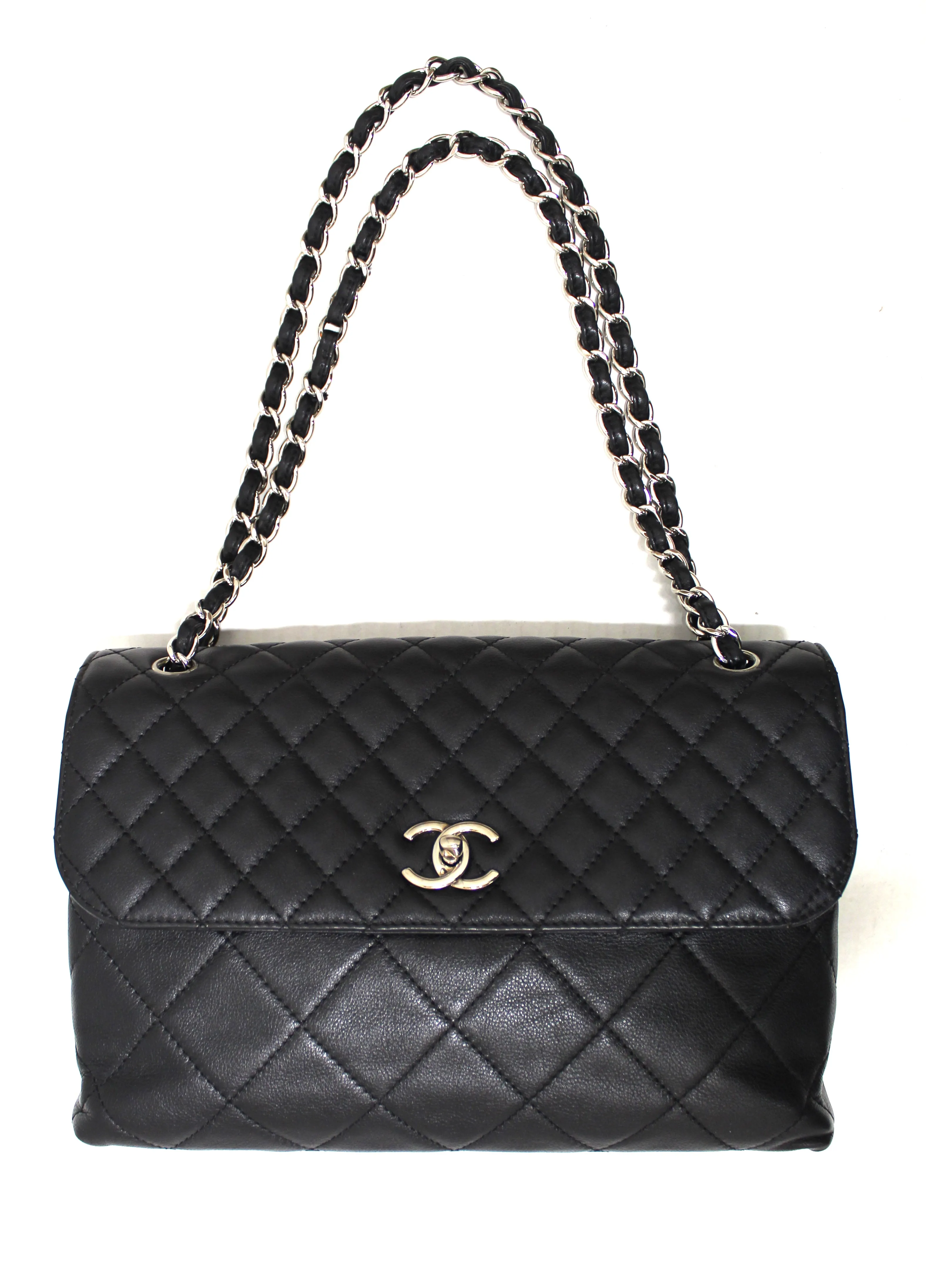 Authentic Chanel Classic Black Single Flap Calfskin leather "In the Business" Maxi Shoulder Chain Bag
