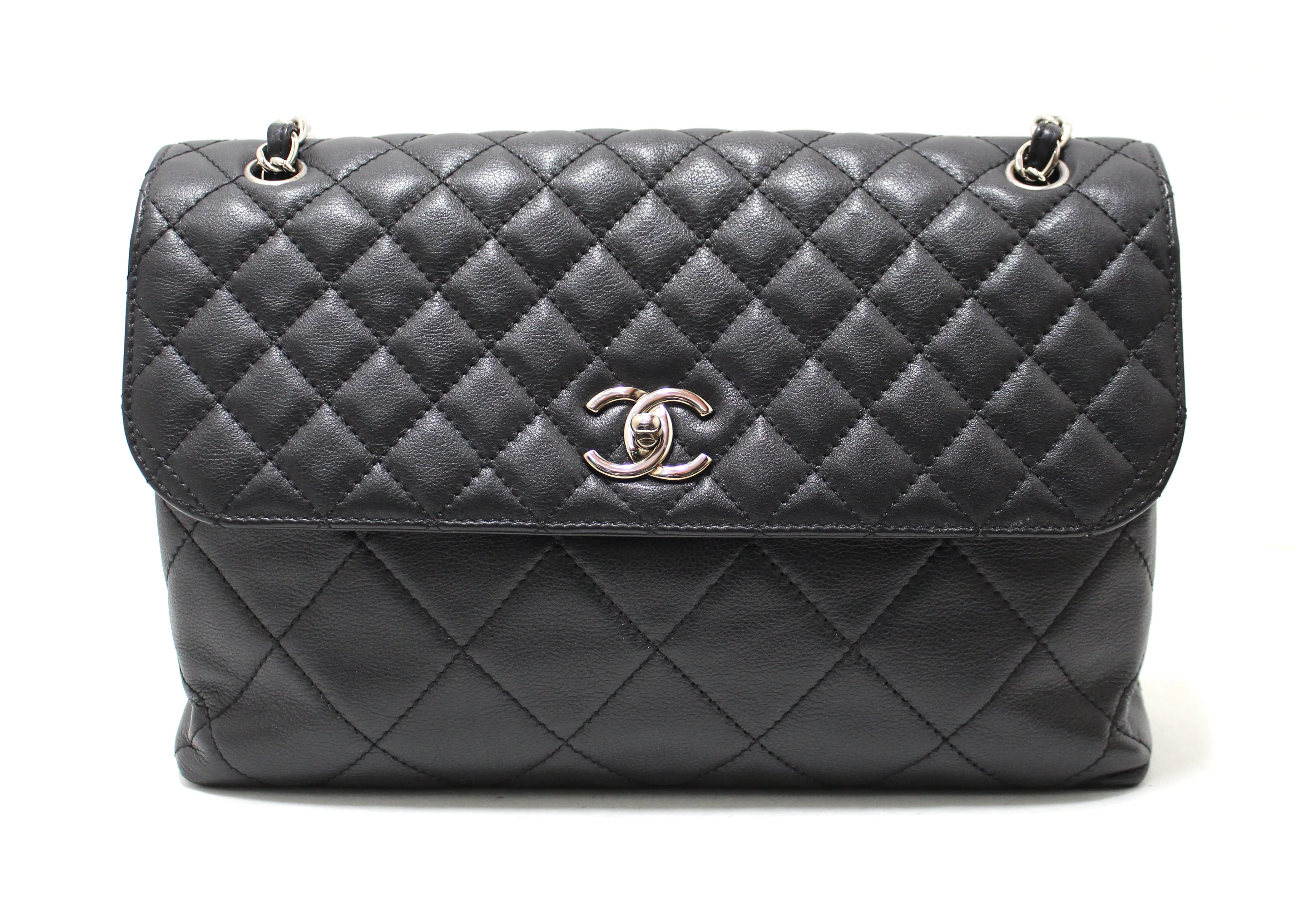 Authentic Chanel Classic Black Single Flap Calfskin leather "In the Business" Maxi Shoulder Chain Bag