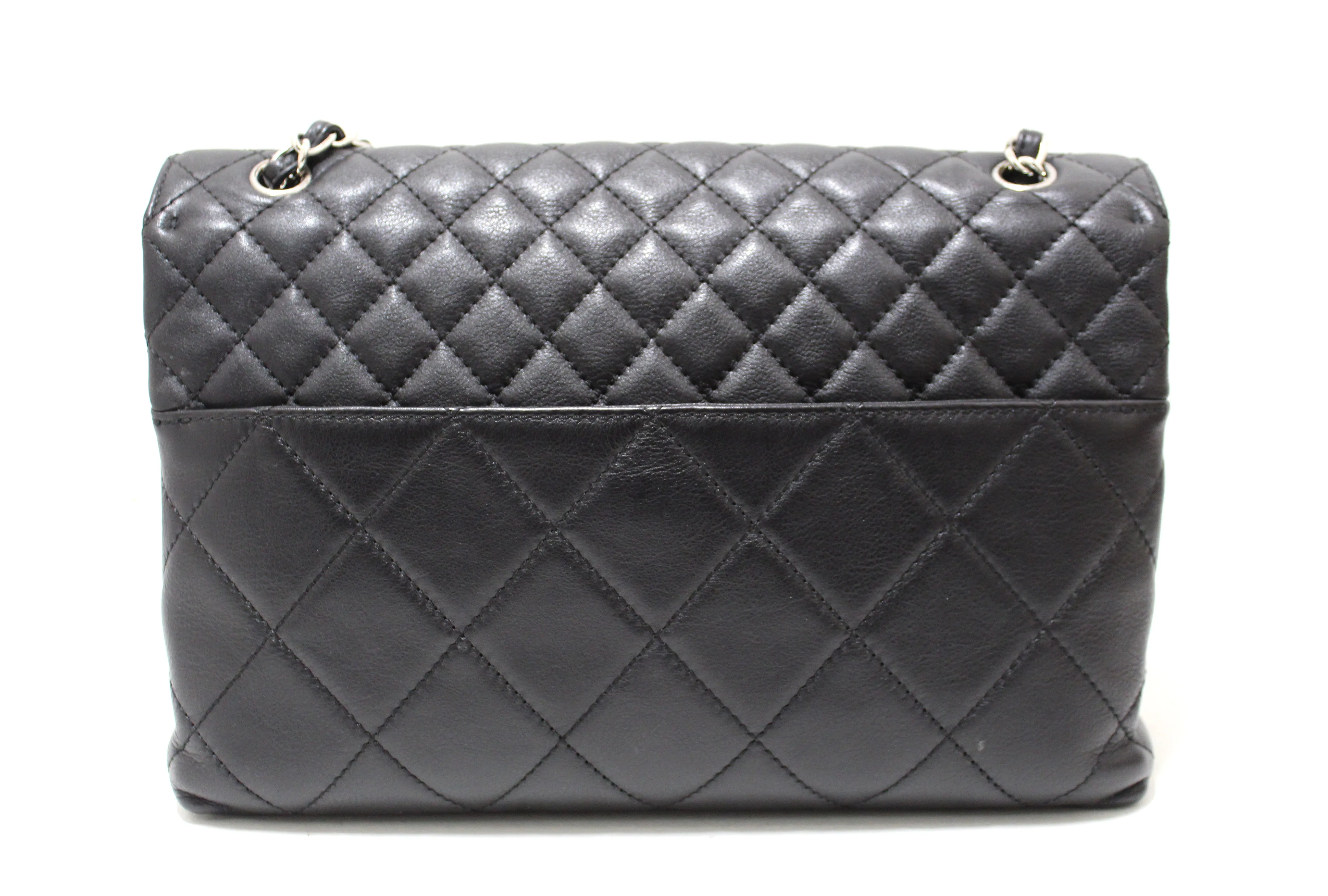 Authentic Chanel Classic Black Single Flap Calfskin leather "In the Business" Maxi Shoulder Chain Bag