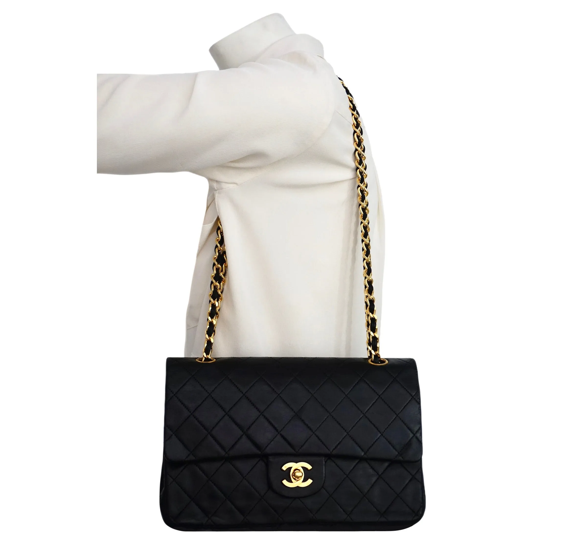 Authentic Chanel Vintage Black Lambskin 2.55 10” Medium Flap Handbag