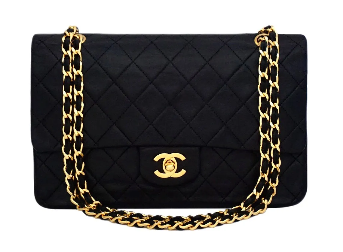 Authentic Chanel Vintage Black Lambskin 2.55 10” Medium Flap Handbag