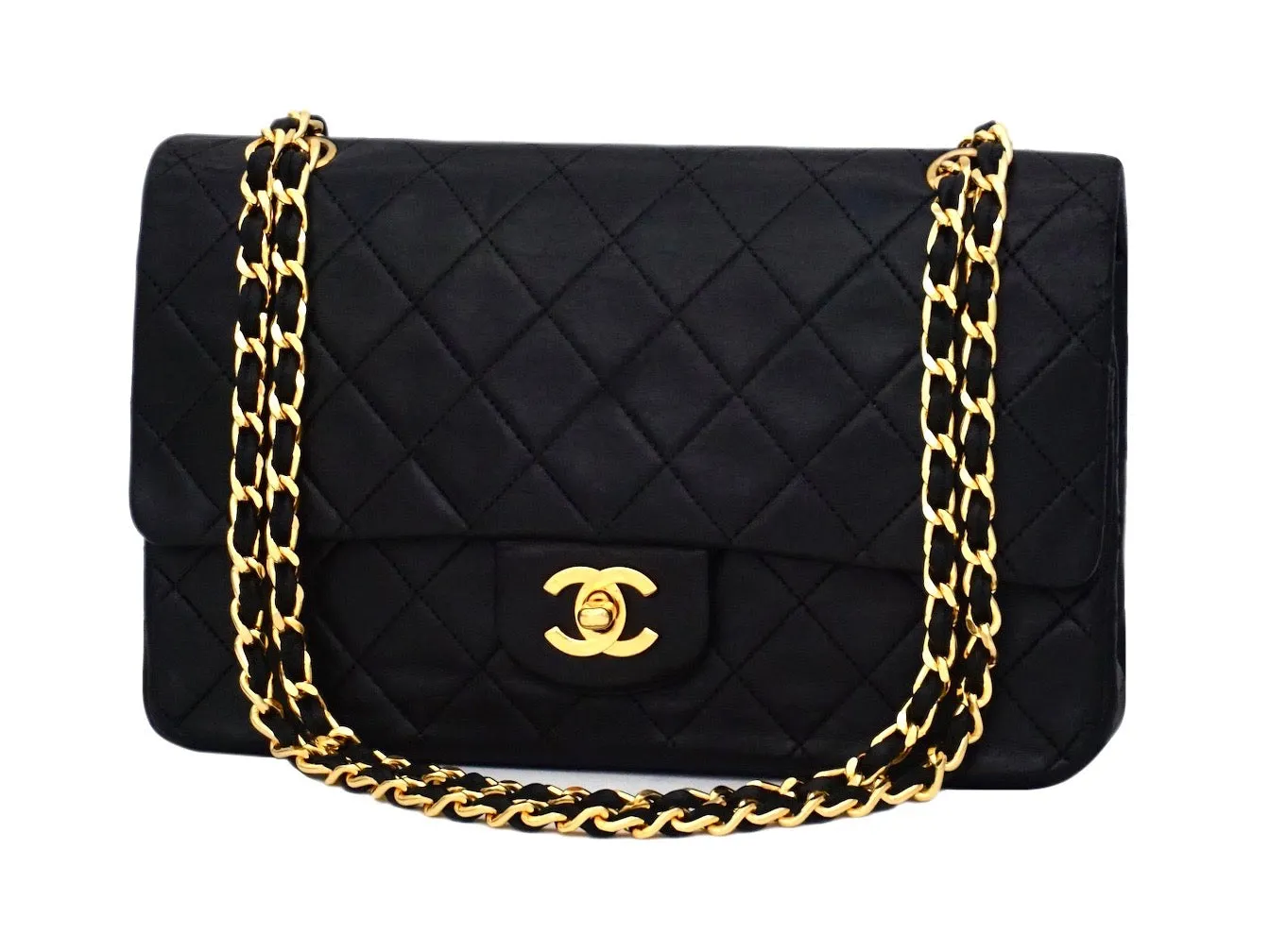 Authentic Chanel Vintage Black Lambskin 2.55 10” Medium Flap Handbag