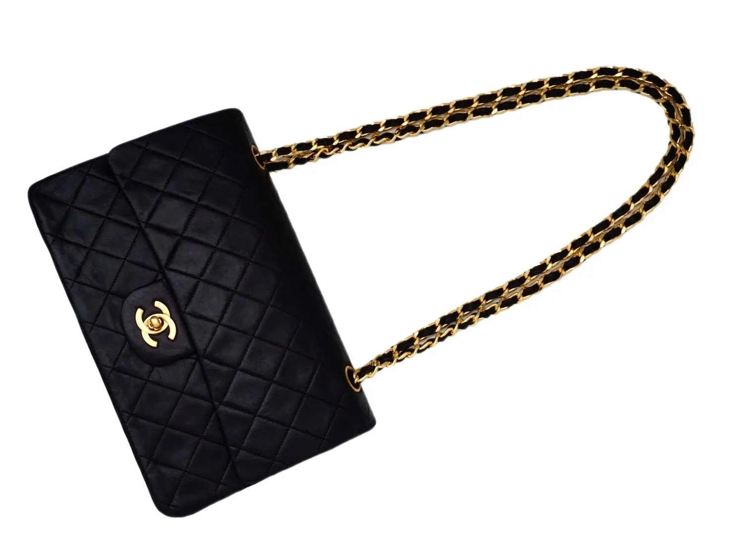 Authentic Chanel Vintage Black Lambskin 2.55 10” Medium Flap Handbag