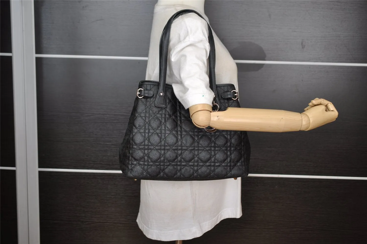 Authentic Christian Dior Panarea Cannage Tote Bag PVC Leather Black 5700I