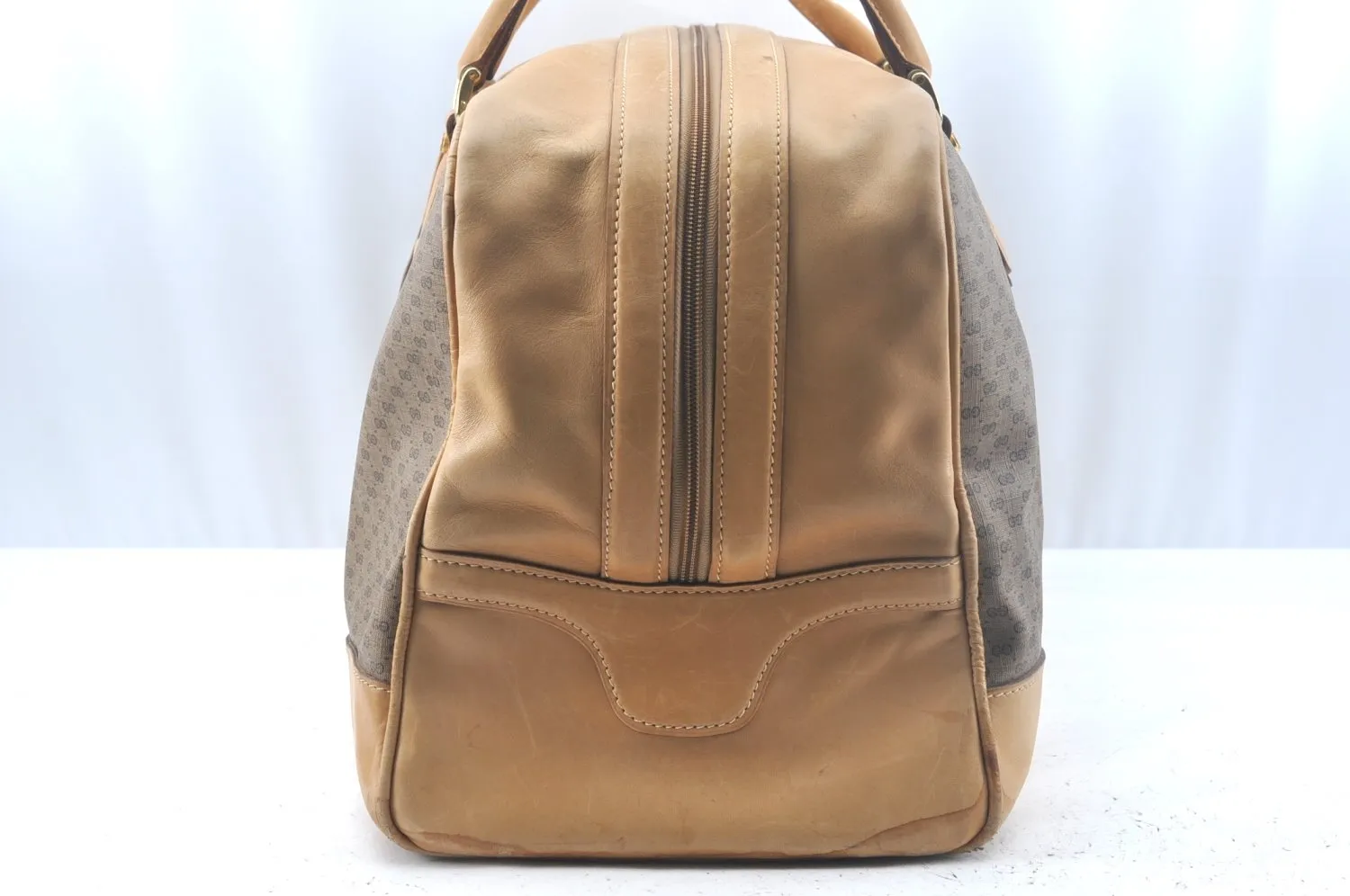 Authentic GUCCI Micro GG PVC Leather Travel Boston Bag Brown L0072