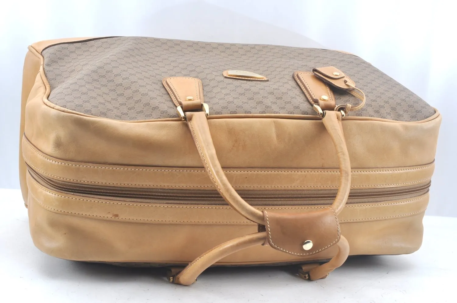 Authentic GUCCI Micro GG PVC Leather Travel Boston Bag Brown L0072