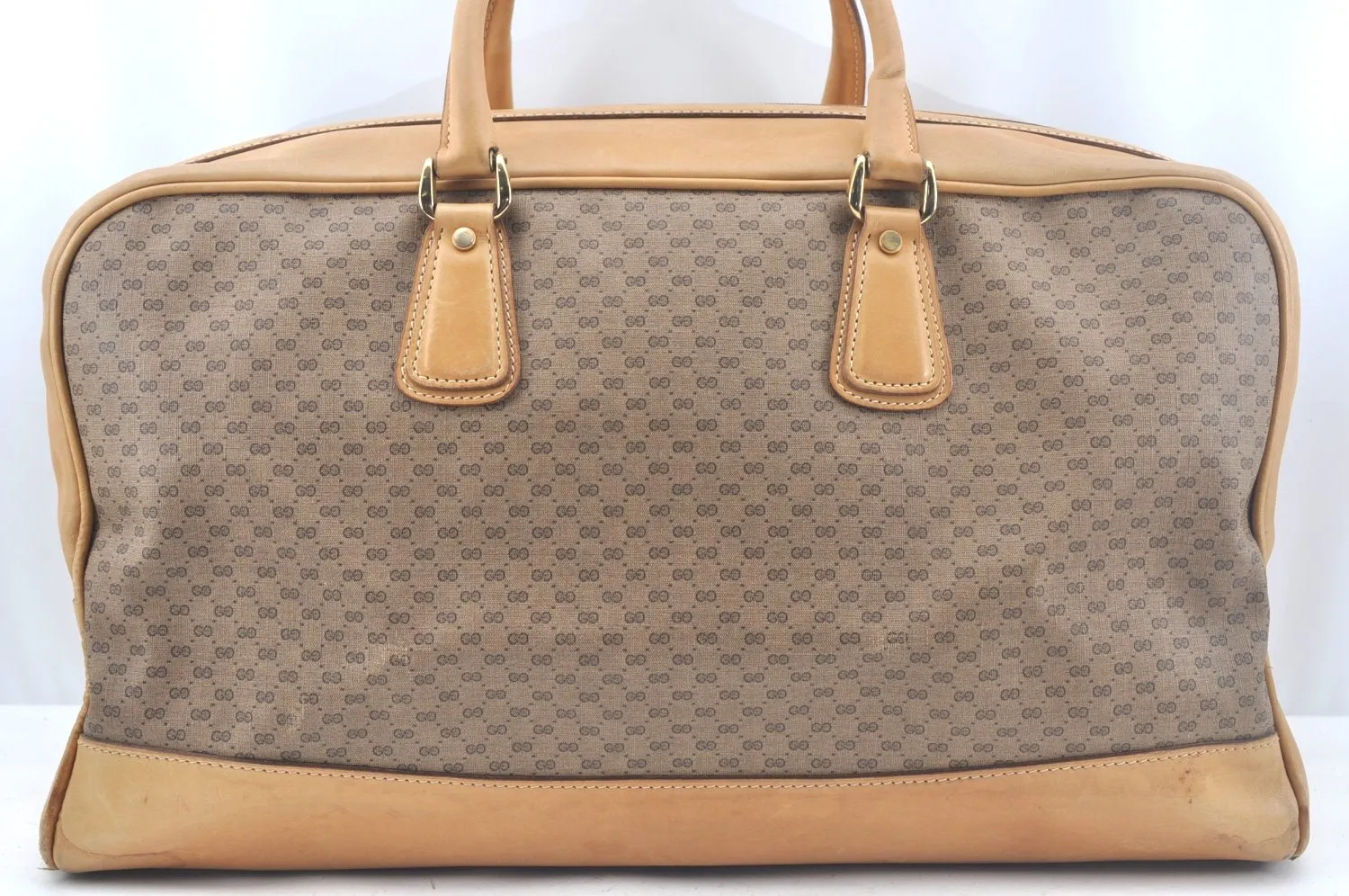 Authentic GUCCI Micro GG PVC Leather Travel Boston Bag Brown L0072