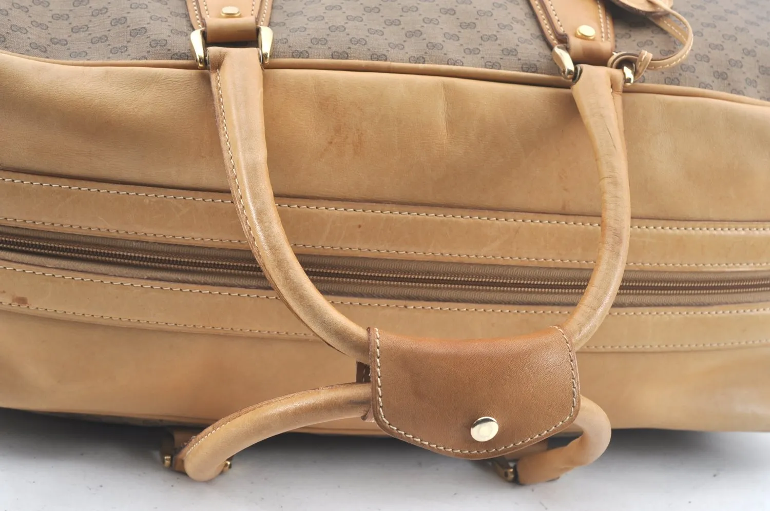 Authentic GUCCI Micro GG PVC Leather Travel Boston Bag Brown L0072