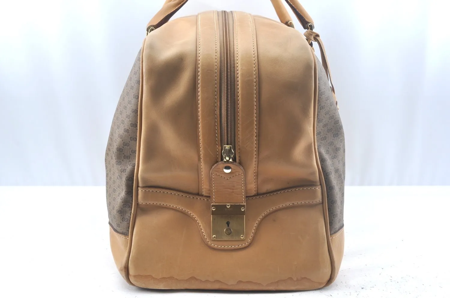 Authentic GUCCI Micro GG PVC Leather Travel Boston Bag Brown L0072