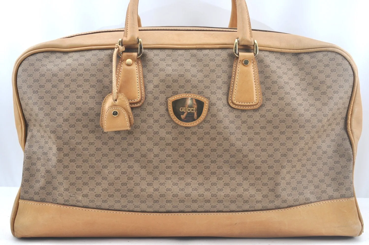 Authentic GUCCI Micro GG PVC Leather Travel Boston Bag Brown L0072