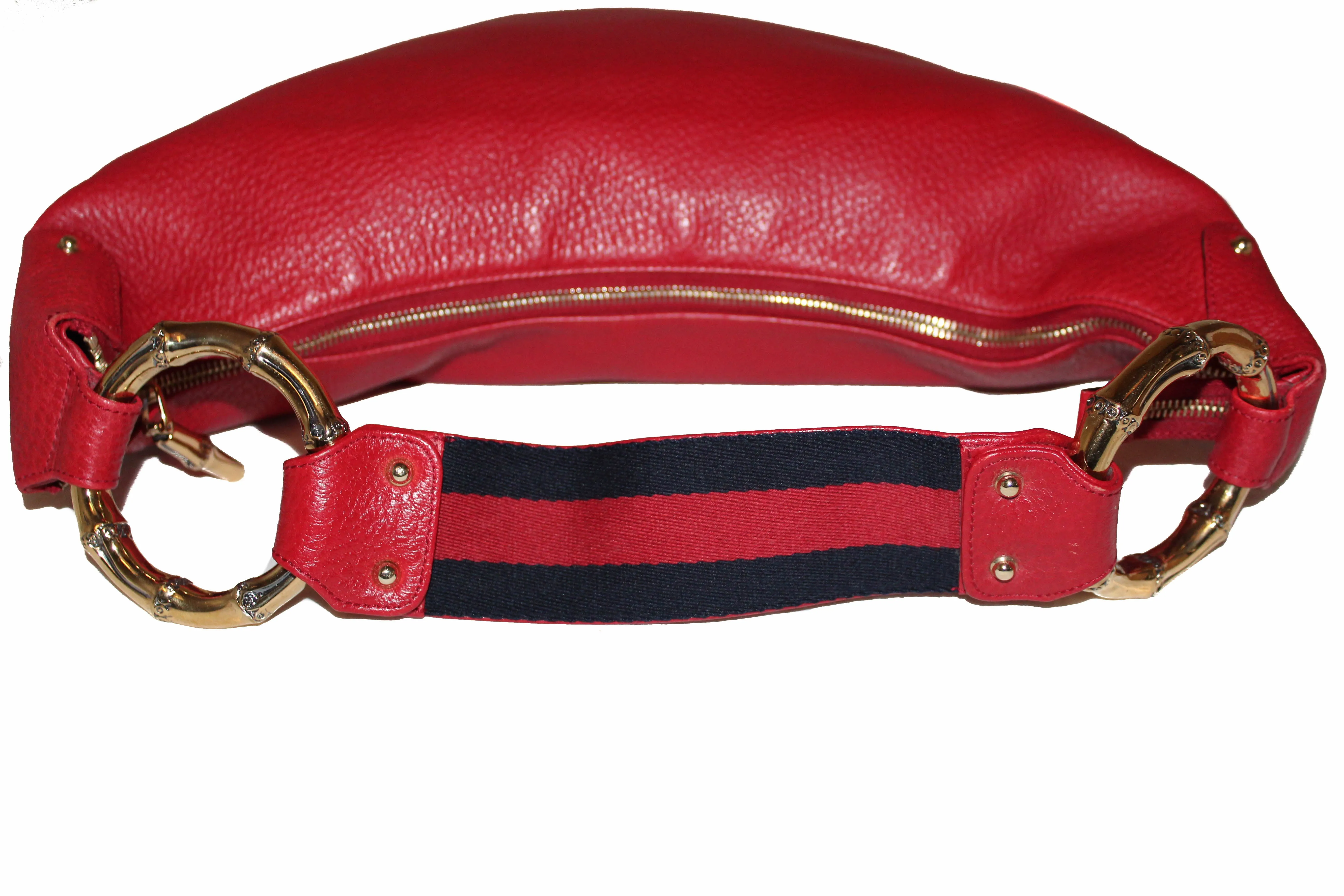 Authentic Gucci Red Pebbled Leather Bamboo Ring Hobo Bag