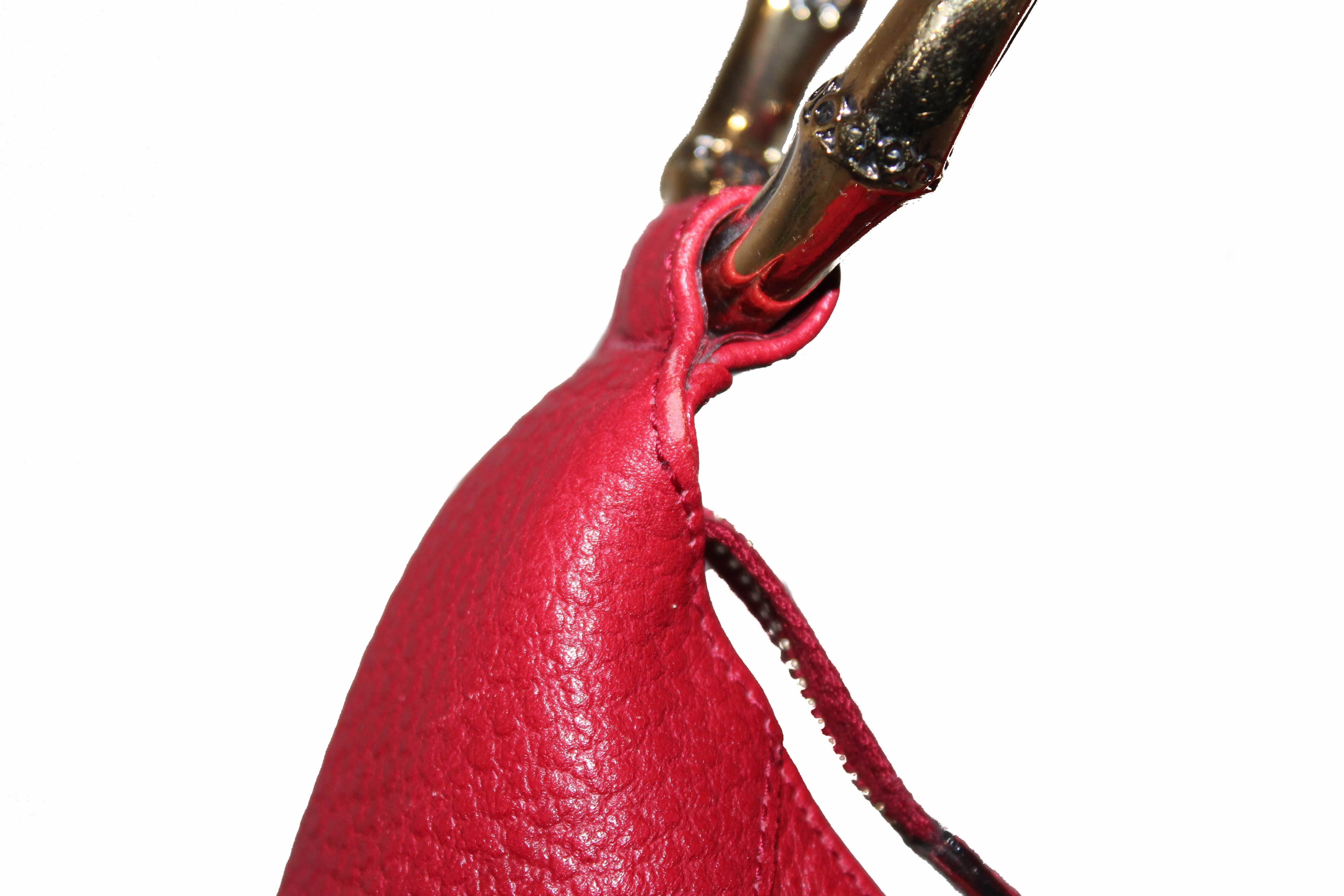 Authentic Gucci Red Pebbled Leather Bamboo Ring Hobo Bag