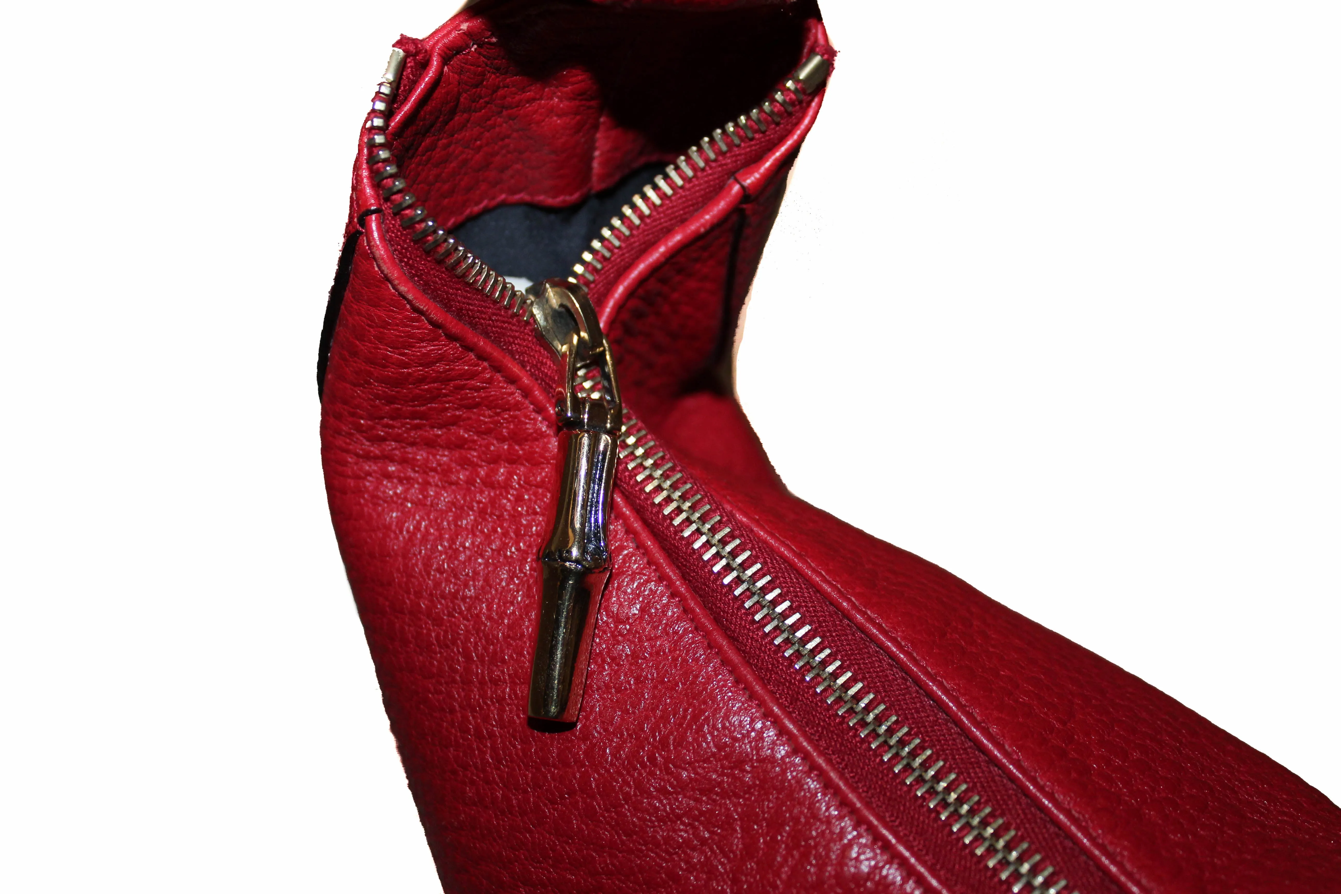 Authentic Gucci Red Pebbled Leather Bamboo Ring Hobo Bag
