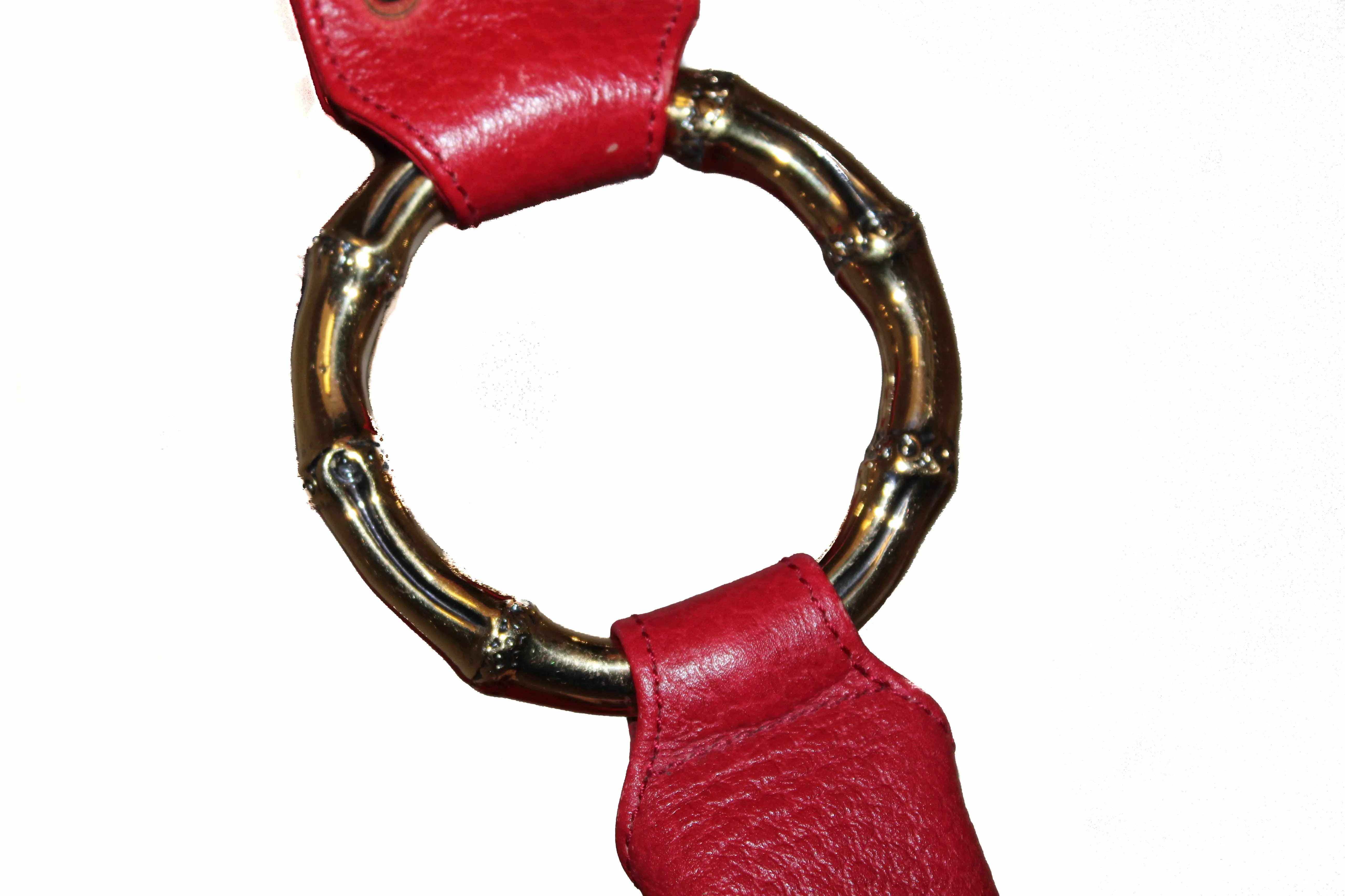 Authentic Gucci Red Pebbled Leather Bamboo Ring Hobo Bag