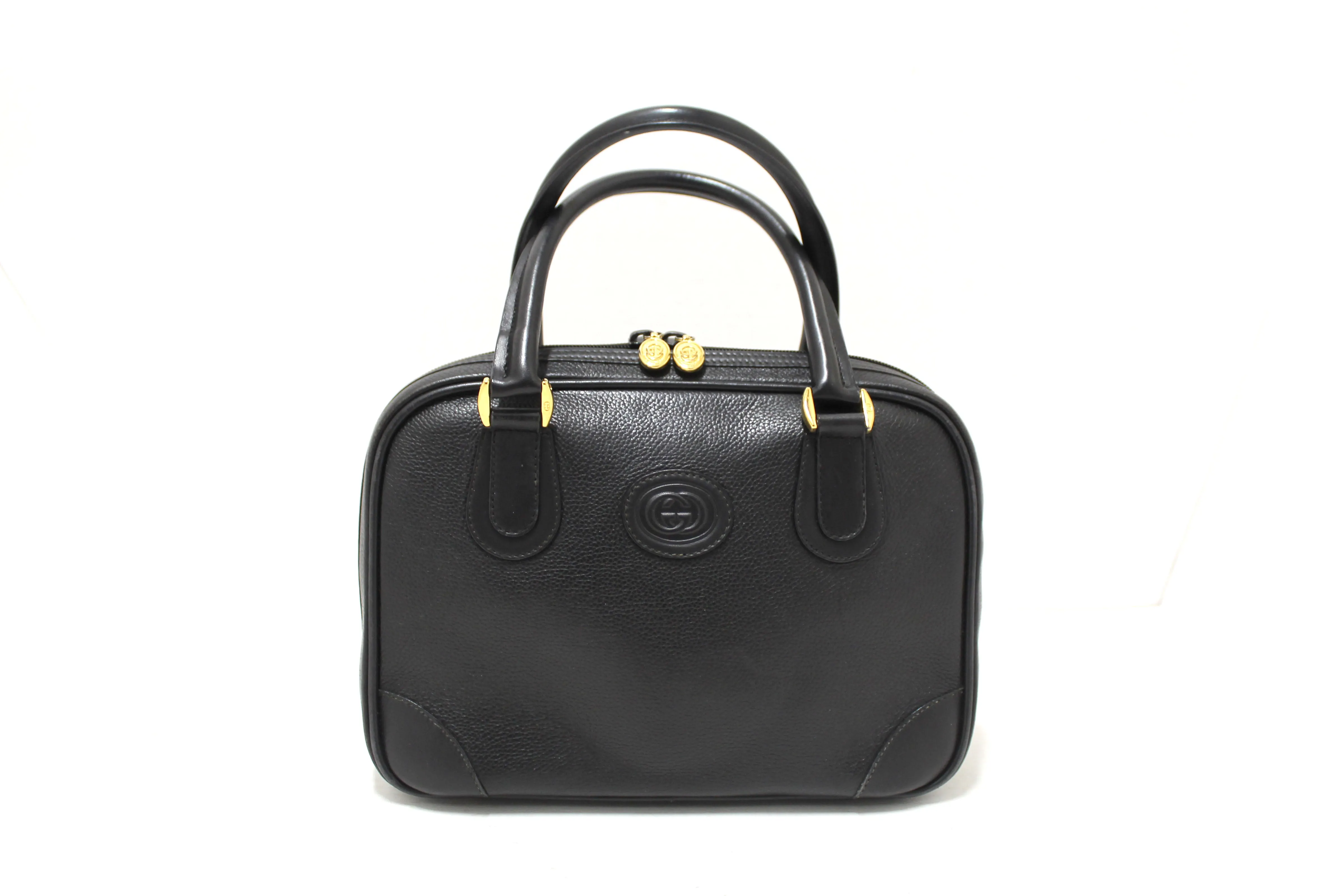 Authentic Gucci Vintage Black Leather Boston Top Handle Bag