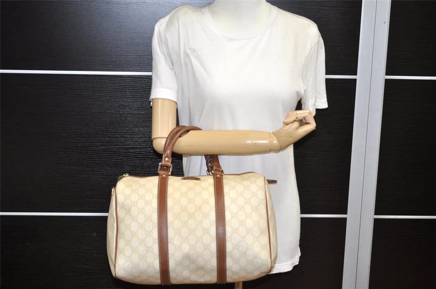 Authentic GUCCI Vintage Hand Boston Bag GG PVC Leather 193603 Beige 2785K